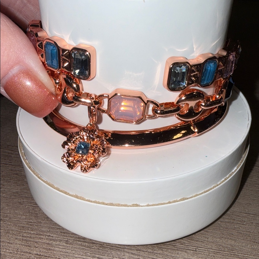 Gold-Tone Pink & Teal Crystal Link Bracelet Set - Picture 6 of 8